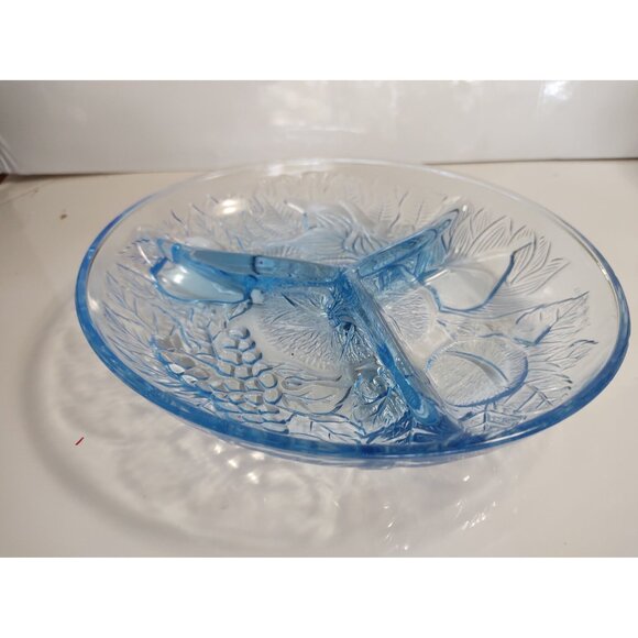 Vintage Blue Depression Style 3 section Plate Embossed Fruit French Blue 8" - Picture 1 of 11